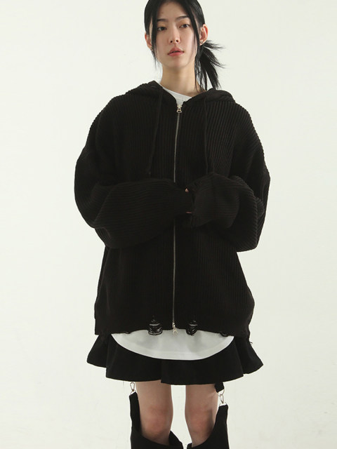 Korean generation 23F/W damage golgi knit hood zip-up (unisex) hole knit hoodie