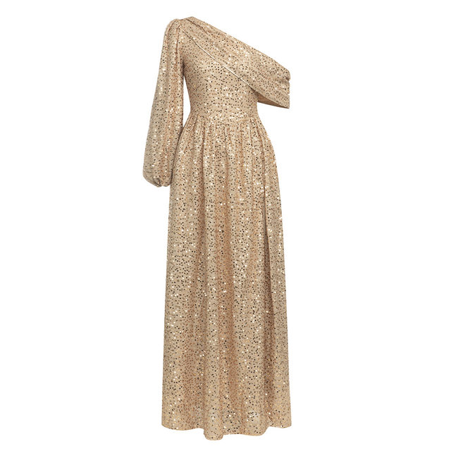 dress2024 European and American new sexy one-shoulder long-sleeved model sequin slim fit off-shoulder high-end