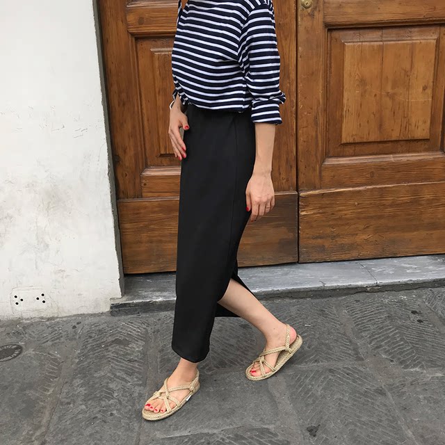 Spring and summer Roman cotton straight pencil slim high waist elastic mid-length skirt long skirt small black skirt large size