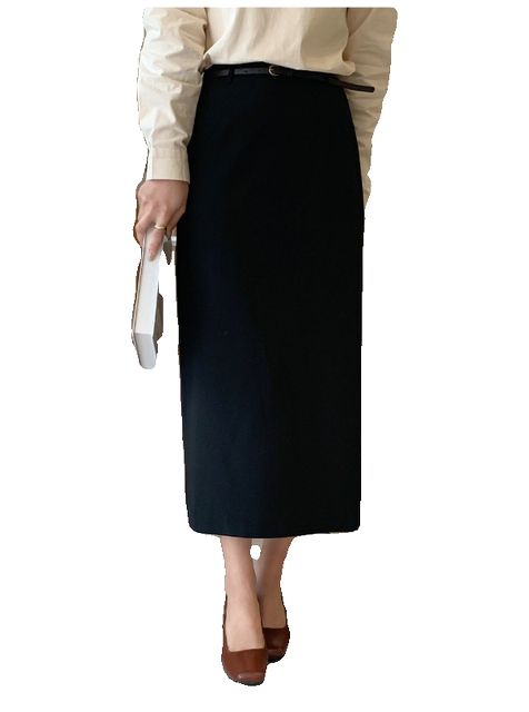 Spring and summer Roman cotton black straight hip one-step skirt rear slit commuting mid-length skirt long skirt versatile women