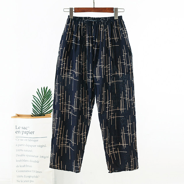 Thin style of middle-aged and elderly artificial cotton trousers large size loose casual old lady wearing pants mother cotton silk pajama pants summer