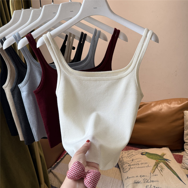 
Short wool double spaghetti straps autumn and winter camisole women's inner and outer wear beautiful back bottoming shirt top solid color
