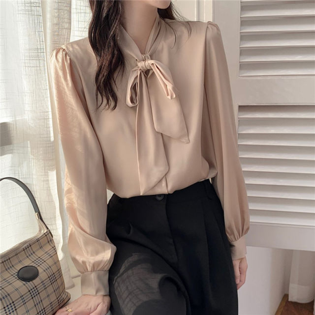 Office worker high-end white bow tie satin long-sleeved shirt for women 2025 spring and autumn commuting OL shirt
