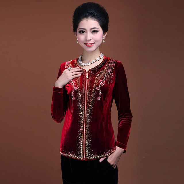 High-end beaded fashion middle-aged and elderly women's thin jacket zipper cardigan large size temperament mother's gold velvet top