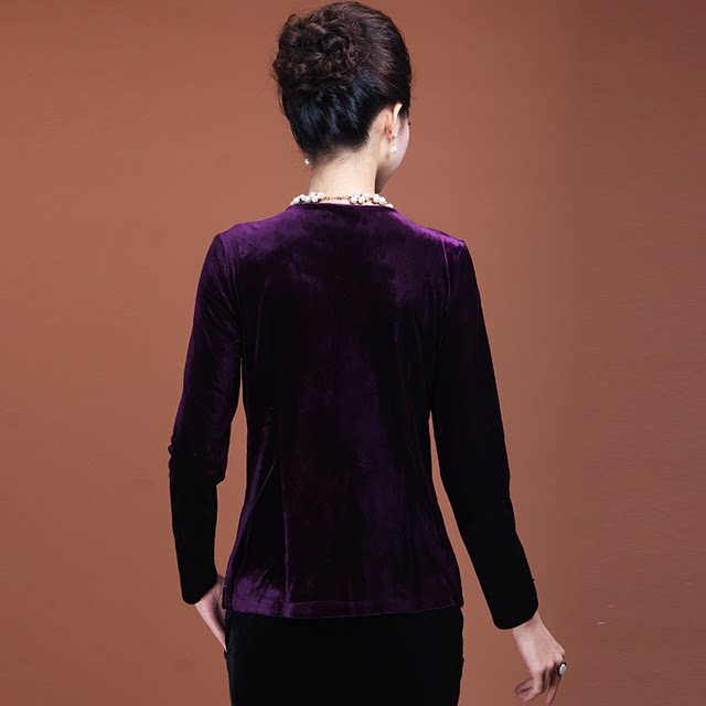 High-end beaded fashion middle-aged and elderly women's thin jacket zipper cardigan large size temperament mother's gold velvet top