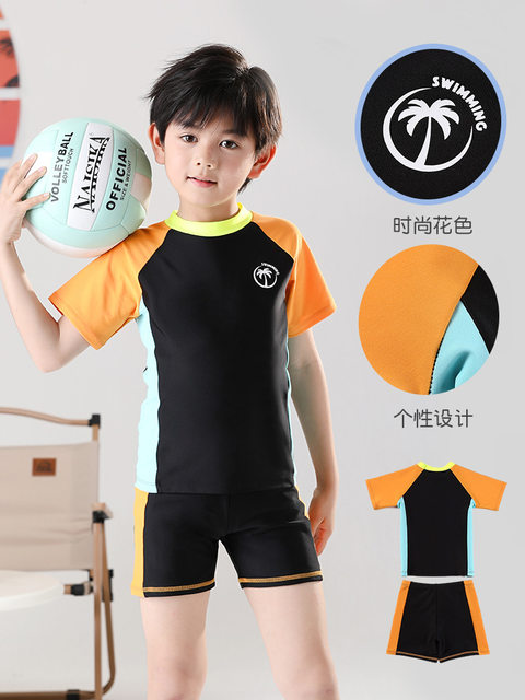 Children's swimsuits, boys' contrasting color short-sleeved quick-drying split swimsuit set, student casual surfing suit