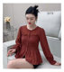 Spring round neck shirt versatile and fashionable slim fit and slim bottoming ruffle elastic elastic puff sleeve flared sleeve top