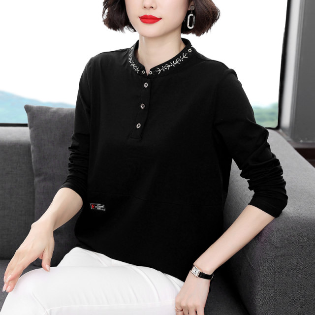 Pure cotton long-sleeved T-shirt 2025 spring suit new women's spring and autumn top middle-aged mother's shirt wearing loose base shirt