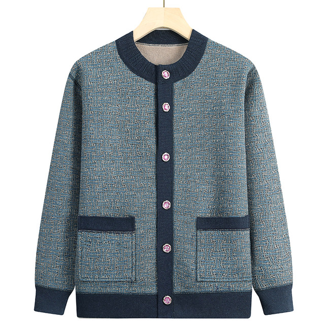 Grandma's autumn sweater coat, middle-aged and elderly knitted cardigan suit, female mother's winter clothing, velvet thickened warm clothing