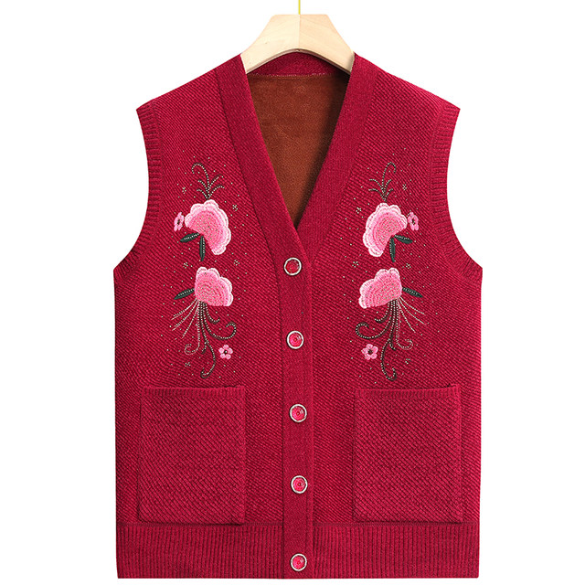 Middle-aged and elderly women's vest autumn and winter grandma sweater warm cardigan old lady horse clip plus velvet mother vest
