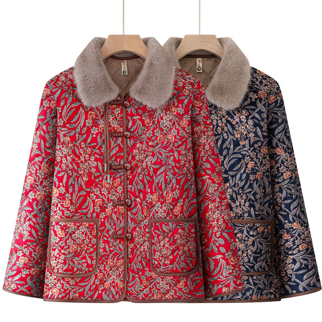 Mom's autumn and winter clothing, light and thin cotton-padded coat, velvet warm cotton coat, middle-aged and elderly women's clothing, grandma lapel cotton-padded jacket