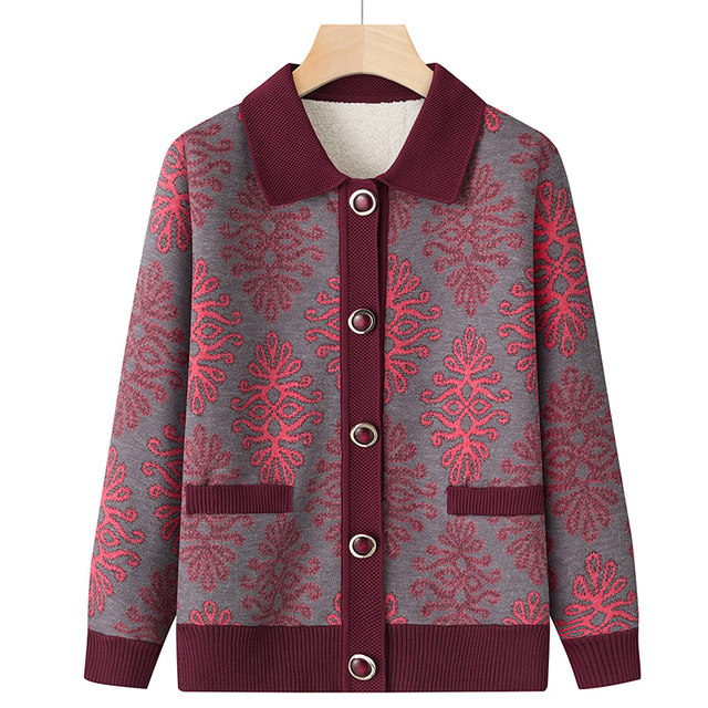 Mom in autumn and winter, long -sleeved lapel sweater, female old man warm cardigan grandmother wears knitted with velvet bottoming shirt