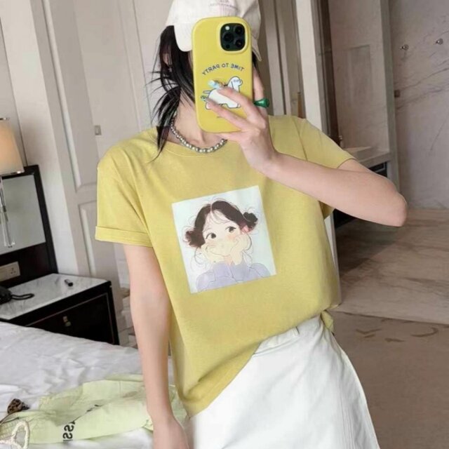 American retro sweet cartoon character pattern printed short-sleeved T-shirt for women in summer design gray white top