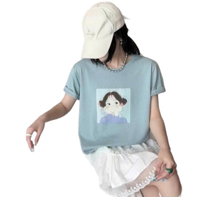 American retro sweet cartoon character pattern printed short-sleeved T-shirt for women in summer design gray white top