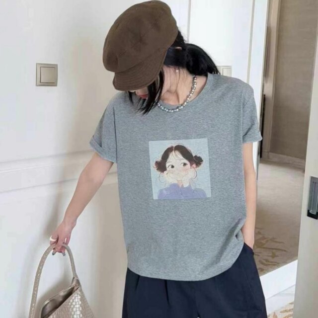 American retro sweet cartoon character pattern printed short-sleeved T-shirt for women in summer design gray white top