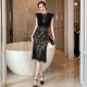 French Hepburn style sleeveless workwear dress, professional temperament, high-end feel, slim half-high collar, hip-hugging lace skirt