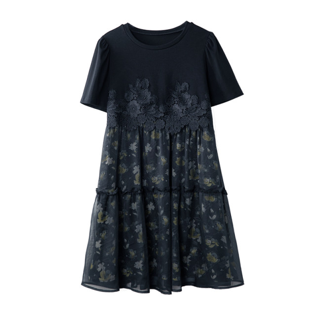 Baoshili round neck lace mesh spliced ​​printed dress 2025 summer new short-sleeved fashionable midi skirt