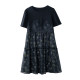 Baoshili round neck lace mesh spliced ​​printed dress 2025 summer new short-sleeved fashionable midi skirt