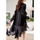Baoshili round neck mesh spliced ​​long-sleeved dress 2025 spring temperament simple high-end casual black skirt
