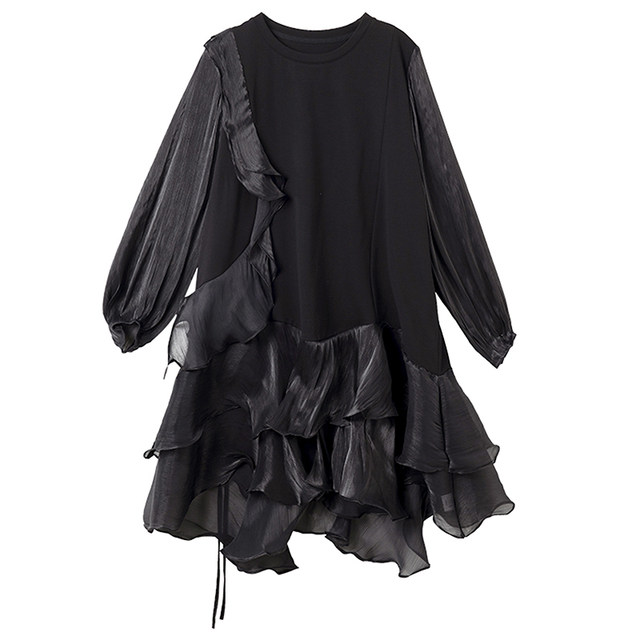 Baoshili round neck mesh spliced ​​long-sleeved dress 2025 spring temperament simple high-end casual black skirt
