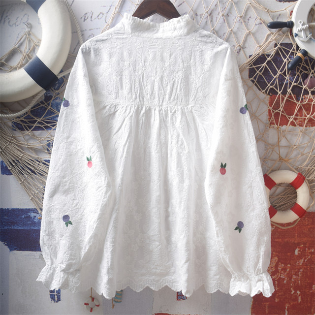 Japanese soft girl cute embroidered three-dimensional bow with wooden ears stand-up collar cotton long-sleeved shirt loose women's top