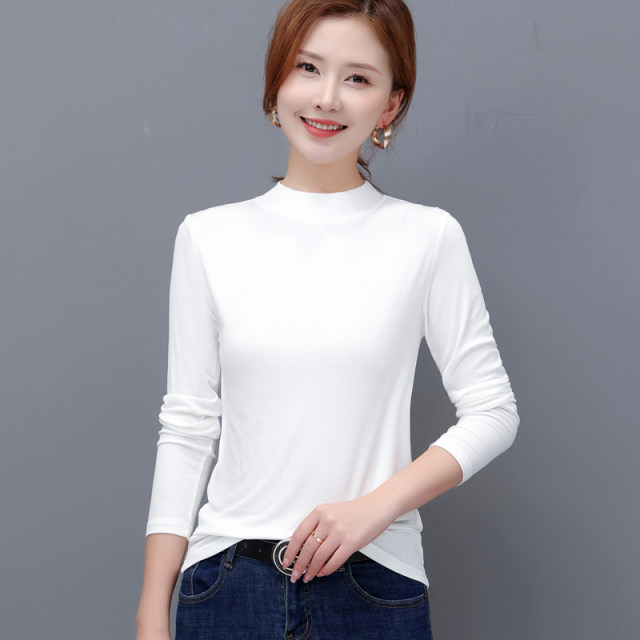 Madier Spring and Autumn Bottom Graphic Girls Long Sleeve Loose Loose Large size, thin, covered with belly T -shirt half -high -necked elastic top
