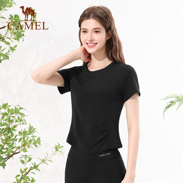Camel women's short-sleeved T-shirt 2025 summer new style slim sun protection and cool breathable elastic shoulder t-short top
