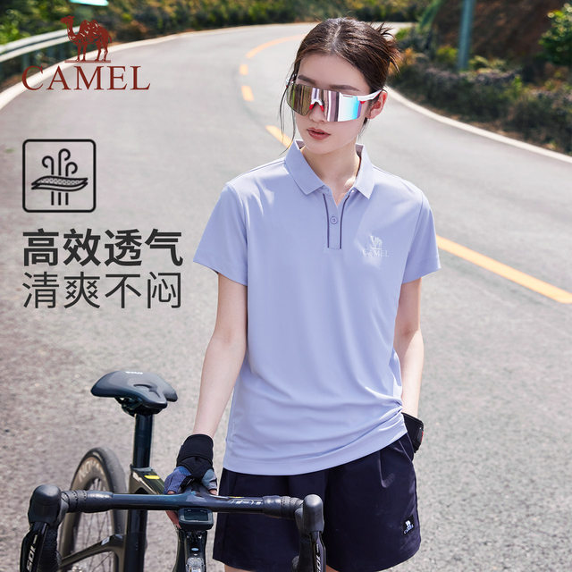 Camel women's short-sleeved T-shirt for women in summer new ice silk breathable sun protection casual riding sports stand collar top for women
