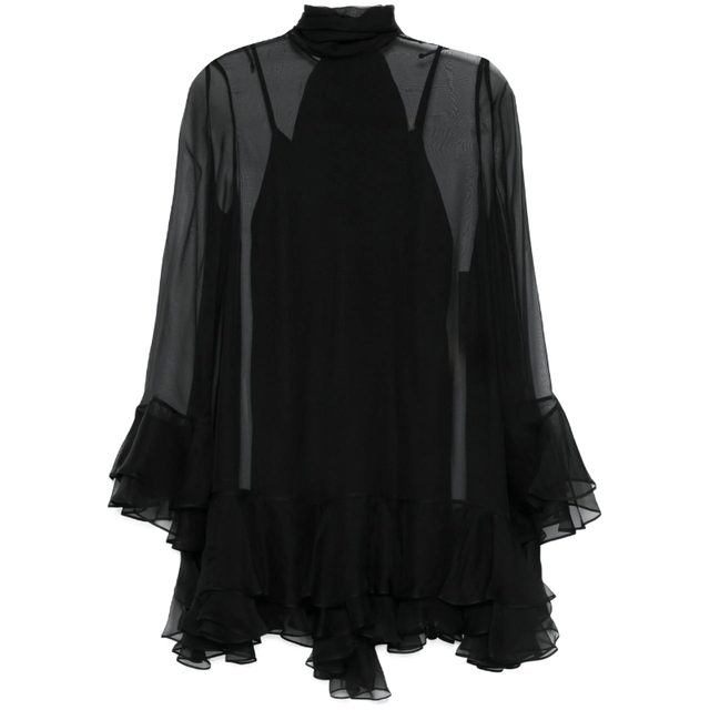 Women's silk long sleeves micro perspective micro perspective ruffled flared sleeve pleated high-end dress spring and summer new products