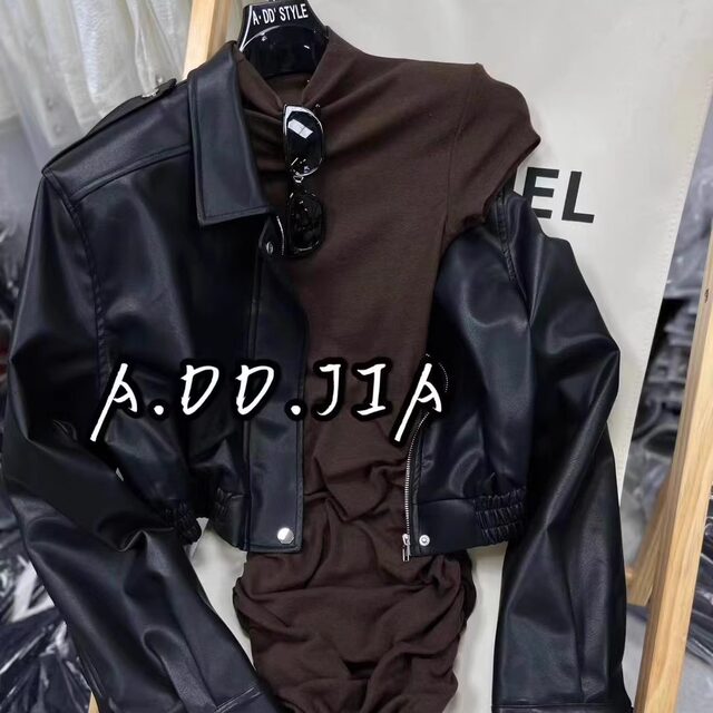 ADD Korean version early autumn new pure slim half high neck pleated design short-sleeved dress hot girl short skirt women