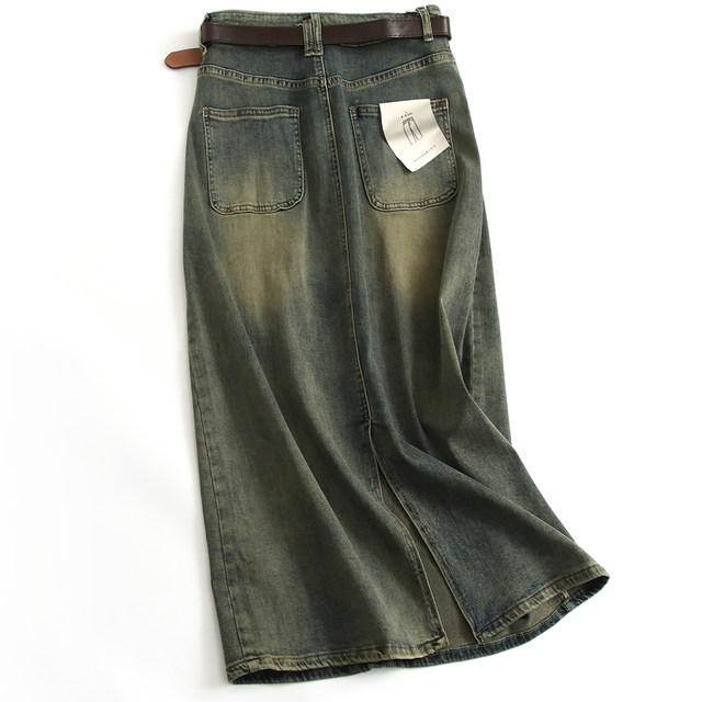 Soft retro! Make old water washing! With waistband high -waisted thin straight skirt wild long skirt female skirt G370
