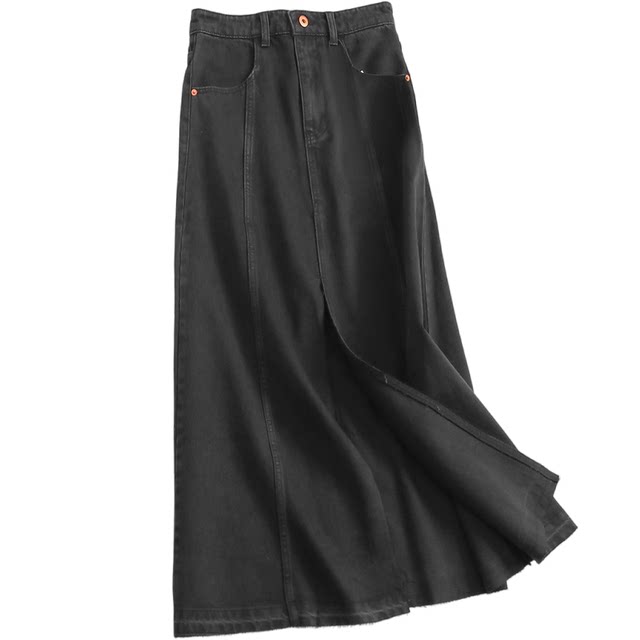 V158 solid color high -waisted thin pocket A -line skirt 2023 new spring and autumn long skirt female denim skirt skirt
