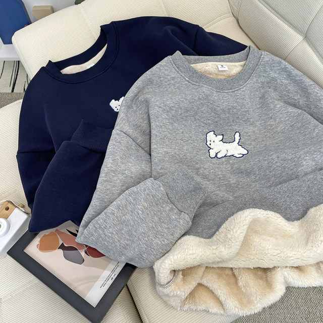 Add velvet thick lambsses sweater women autumn and winter new Korean version of the loose, super thick warm holder, hoodless long sleeve top
