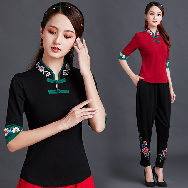 Ethnic style embroidered T-shirt for women short-sleeved spring clothes new Chinese style women's tops large size embroidered slim base shirt