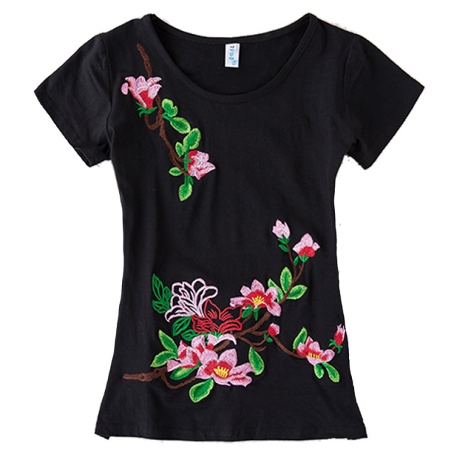 Chinese style women's tops summer new style ethnic embroidered short-sleeved T-shirt for women's embroidered slim fit large size base shirt