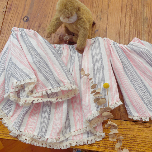 Rom2 sweet one-length off-shoulder style retro tassel gentle style pink vertical stripes flared sleeve doll shirt