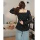 Large size fat mm long-sleeved shirt for women for women's spring new design lace-up waist slimming square collar black polka dot top
