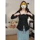 Large size fat mm long-sleeved shirt for women for women's spring new design lace-up waist slimming square collar black polka dot top

