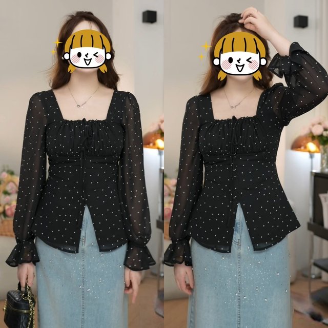 Large size fat mm long-sleeved shirt for women for women's spring new design lace-up waist slimming square collar black polka dot top
