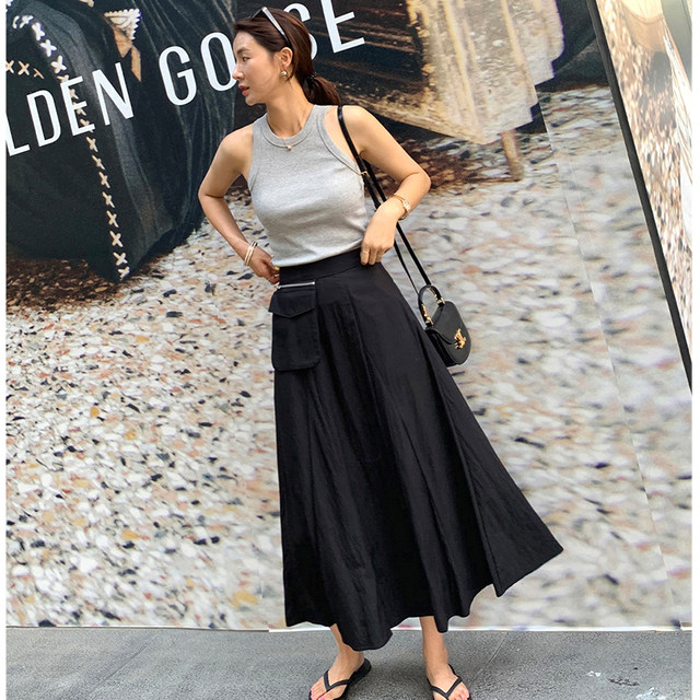 2025 spring and summer new high-waisted A-line skirt large size women's slim and versatile pocket workwear mid-length skirt