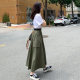 2025 summer new large-size skirt workwear multi-pocket a-line skirt mid-length high-waisted slim big hem skirt