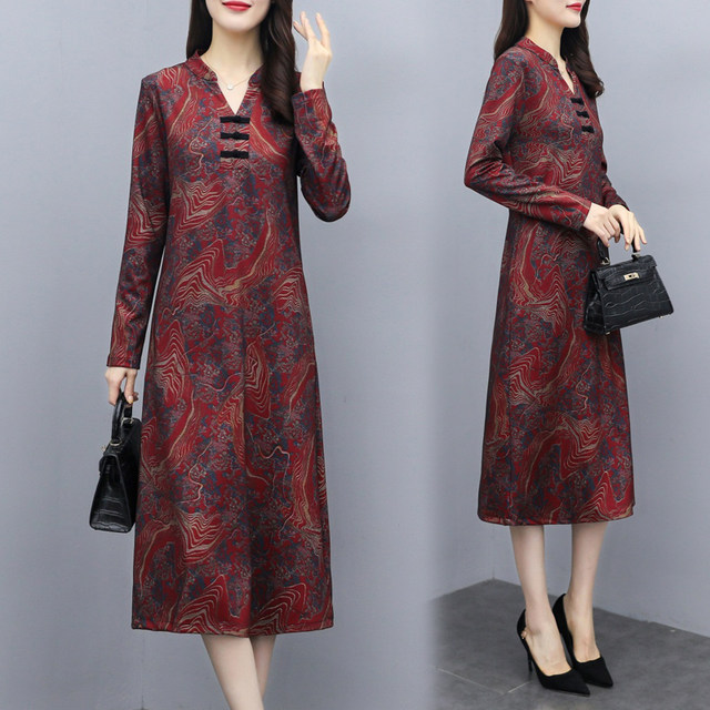 Middle-aged mother's wear spring and autumn cheongsam improved version dress temperament slimming over the knee long skirt age-reducing body-covering bottoming skirt