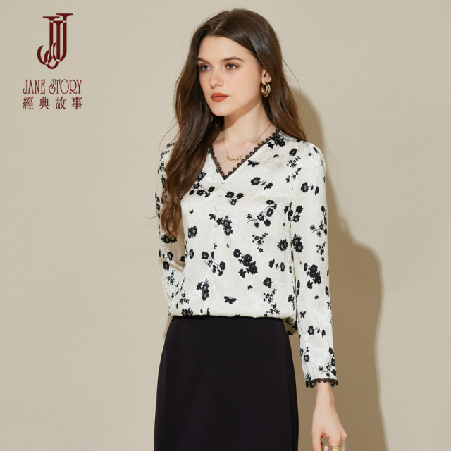 Black retro fashion floral shirt for women 2025 spring and autumn new loose lazy style shirt romantic lace top
