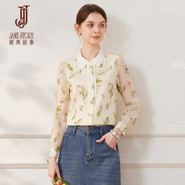 French puff sleeve shirt for women 2025 spring and autumn design sense rose printed shirt temperament retro long-sleeved top