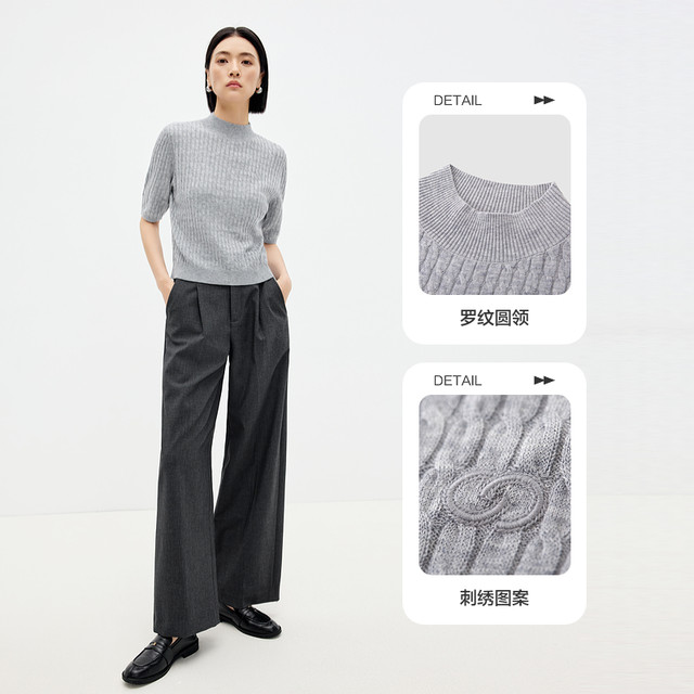 Shuiyunjian gray-blue cork wool sweater short-sleeved T-shirt women's front shoulder half-sleeved top 2025 spring new style
