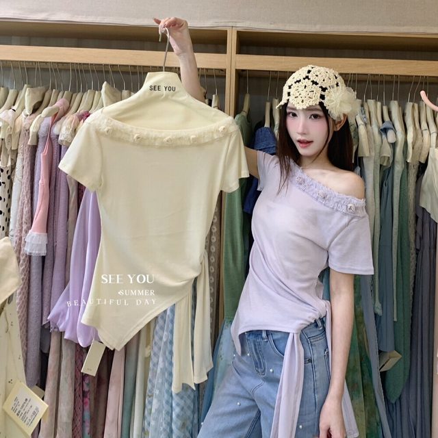 Hangzhou four-season green women's clothing Guangzhou thirteen-row lace lace one-shoulder strap irregular shirt top summer