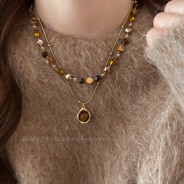 Retro tiger eye stone natural stone beaded necklace set for women new light luxury fashion clavicle chain temperament sweater chain