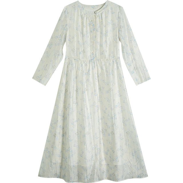 7-24QDC-058 Past and present life gentle and literary round neck printed slim long-sleeved dress
