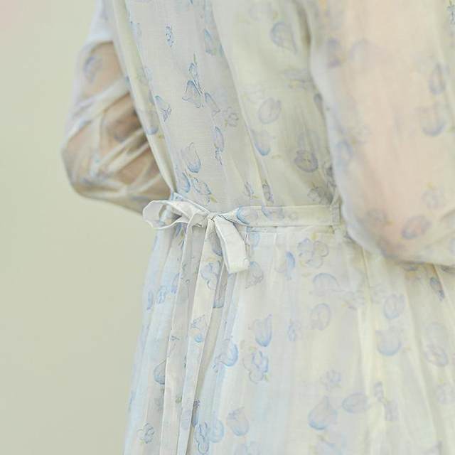7-24QDC-058 Past and present life gentle and literary round neck printed slim long-sleeved dress