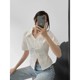 Sweet and cool hot girl slim solid color V-neck waist short-sleeved shirt for women in summer, women's European and American slim bottoming top